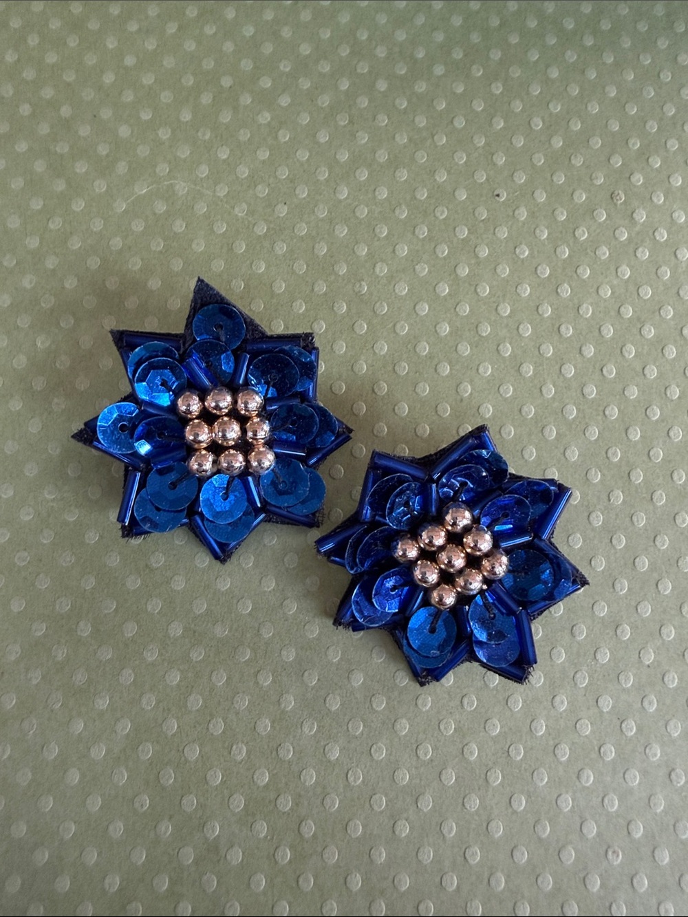 Vintage Blue Sequin Floral Statement Earrings with Gold Centers